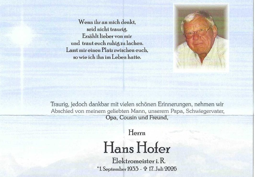 Traueranzeige Hans Hofer